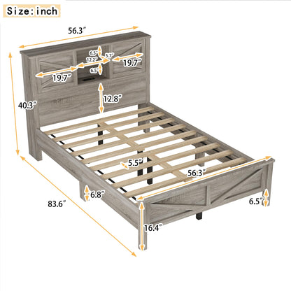 Farmhouse Full Size Bed Frame with Charging Station, Adjustable Headboard Shelves, and Sliding Barn Doors in Antique Gray - WoodArtSupply