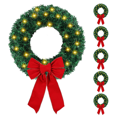 6 Pcs Lighted Outdoor Christmas Wreaths 15 Inch Cordless Pre-Lit Christmas Wreaths with Red Bow Battery Operated LED Xmas Wreath Ornaments for Windows Cabinets Outside Porch Decorations Classic Simihiran