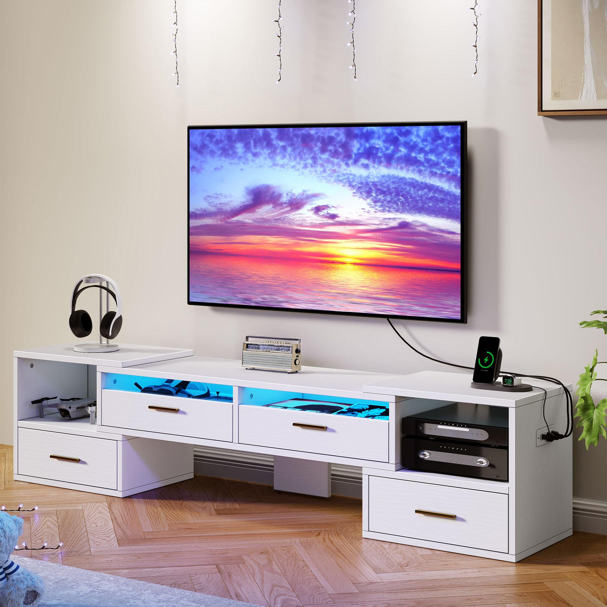 YITAHOME TV Stands for Living Room, Deformable TV Stand for 75 inch TV, Modern TV Stand w/Power Outlets, LED Entertainment Center with Storage, TV Console Cabinet, White YITAHOME
