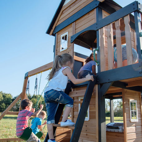 Backyard Discovery Canyon Creek All Cedar Wood Swing Set w/Grey Wave Slide, Playhouse w/Grill, Plastic Food, Picnic Area, Steering Wheel, Two Belt Swings, Rock Climbing Wall, Balcony, Deck, Web Swing Backyard Discovery
