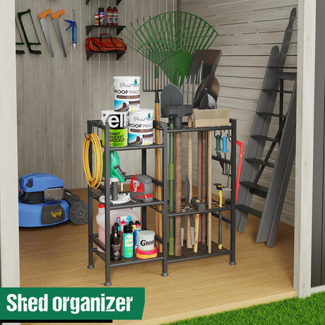 keomaisyto Garden Tool Organizer for Garage Organization, 3 Tier Yard Tool Storage Rack with 35 Long-Handled Tool Slots, Heavy Duty Garden Tool Holder with Large Hooks for Shed, Yard, Garage keomaisyto
