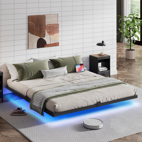 WLIVE Floating King Bed Frame, LED Bed Frame with Charging Station, Metal Platform Beds King Size with Heavy Duty Steel Slats, No Box Spring Needed, Easy Assembly, No Noise, Black WLIVE