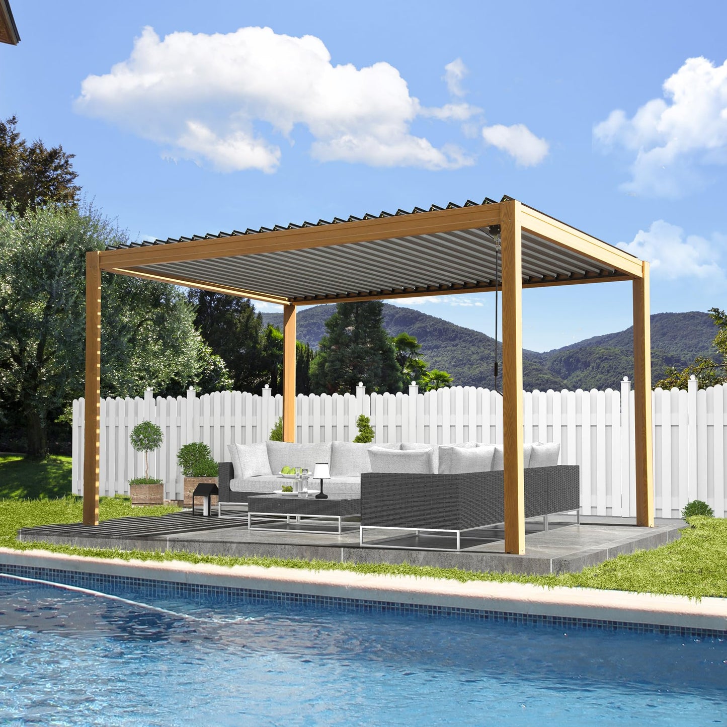 Domi Louvered Pergola 10x13FT, Outdoor Wood Grain Pergola Aluminum Frame with Adjustable Rainproof Metal Roof, Permanent Sun Shade with Drainage System for Deck Garden Yard