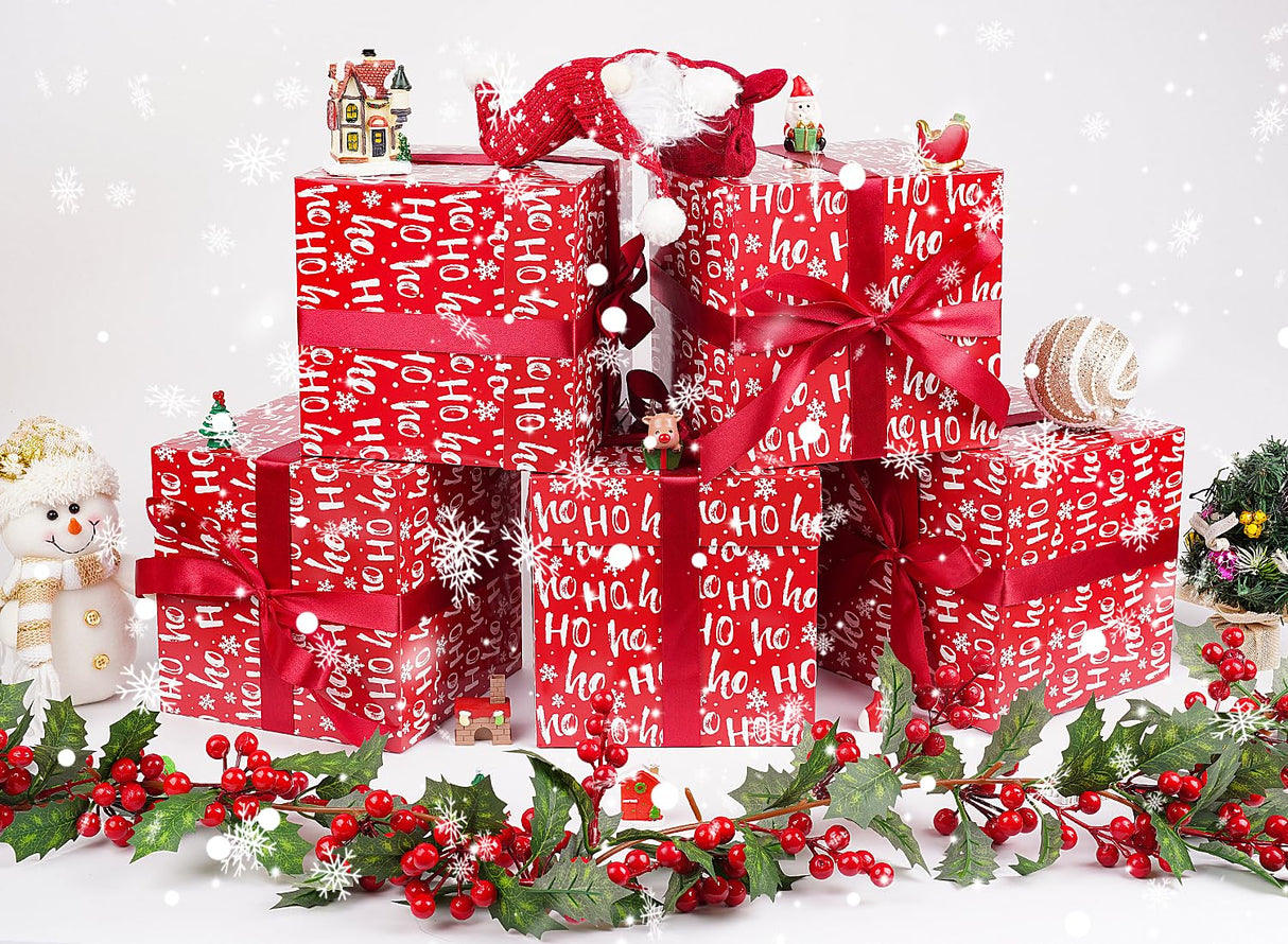 Jaywayang 5 Pack Red Christmas Gift Boxes with Lids, Ribbons and Tissue Papers Square Gift Boxes - 7.1 Inch - Presents Wrapping Christmas Gift Holiday New Year Party Favor Boxes. Jaywayang