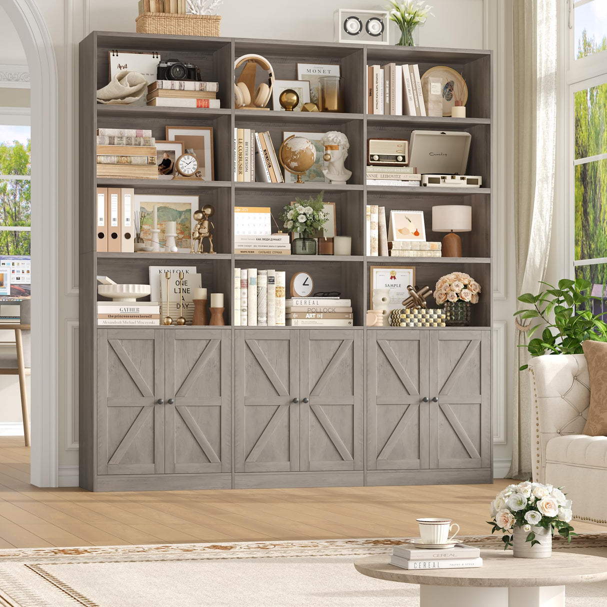 FACBOTALL 75" Triple Wide Bookshelf, Bookshelf and Bookcase with 6 Farmhouse Doors, 71" Wide 6 Tier Book Shelf with 18 Storage Shelves, Large Wooden Bookshelves, Tall Bookcase for Home Office, Gray FACBOTALL