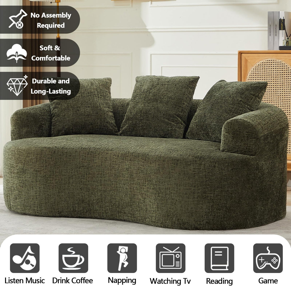 61" Curved Loveseat Sofa with 3 Pillows, Small Boneless Couch in a Box, Chenille Cloud Loveseat for Living Room Bedroom Small Space Apartment, Memory Foam, Modern, No Assembly (Green) Thctvous