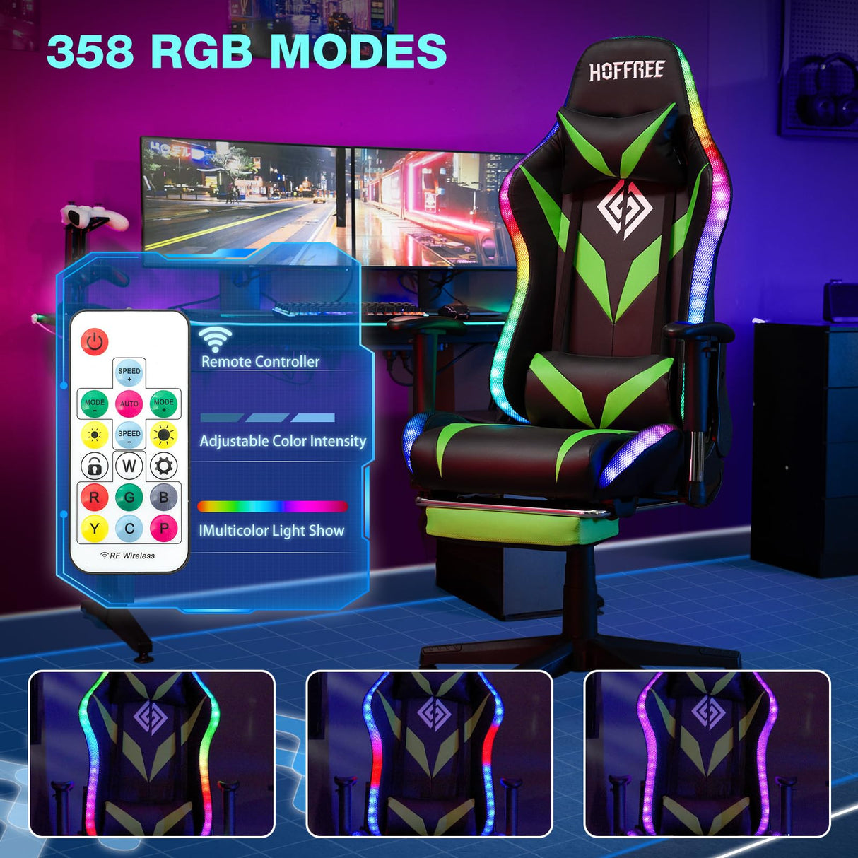 HOFFREE Gaming Chair with Bluetooth Speakers and Led Lights Massage Vide Game Chair with Footrest Reclining High Back Computer Gamer Chair Green and Black HOFFREE