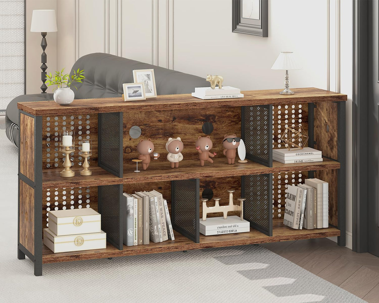 LVB Rustic Horizontal Bookshelf, Industrial Bookcase Cube Storage Organizer, Wide Large Metal Wooden Office Cube Shelf, Farmhouse Low Long Book Shelf for Home Bedroom Living Room, Rustic Brown, 63 in LVB