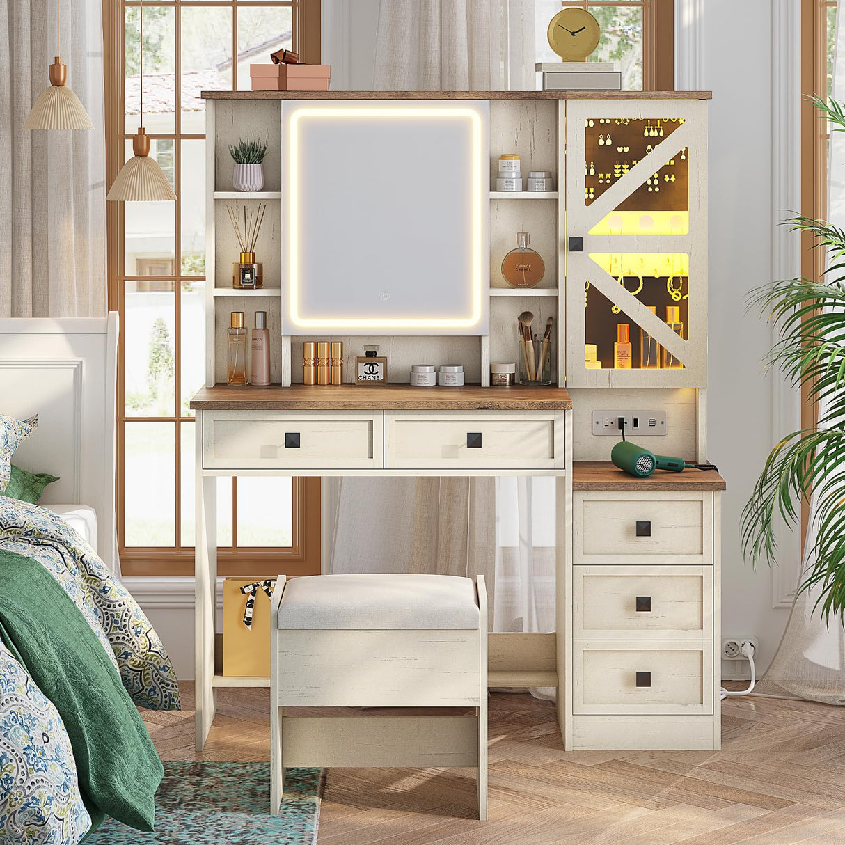 AOGLLATI Farmhouse Vanity Desk with Mirror and Lights, Makeup Vanity Set with Lights & Jewelry Cabinet & 5 Drawers, Vanity Table with Charging Station, Hidden Storage Space for Bedroom, Antique White AOGLLATI