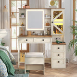 AOGLLATI Farmhouse Vanity Desk with Mirror and Lights, Makeup Vanity Set with Lights & Jewelry Cabinet & 5 Drawers, Vanity Table with Charging Station, Hidden Storage Space for Bedroom, Antique White AOGLLATI