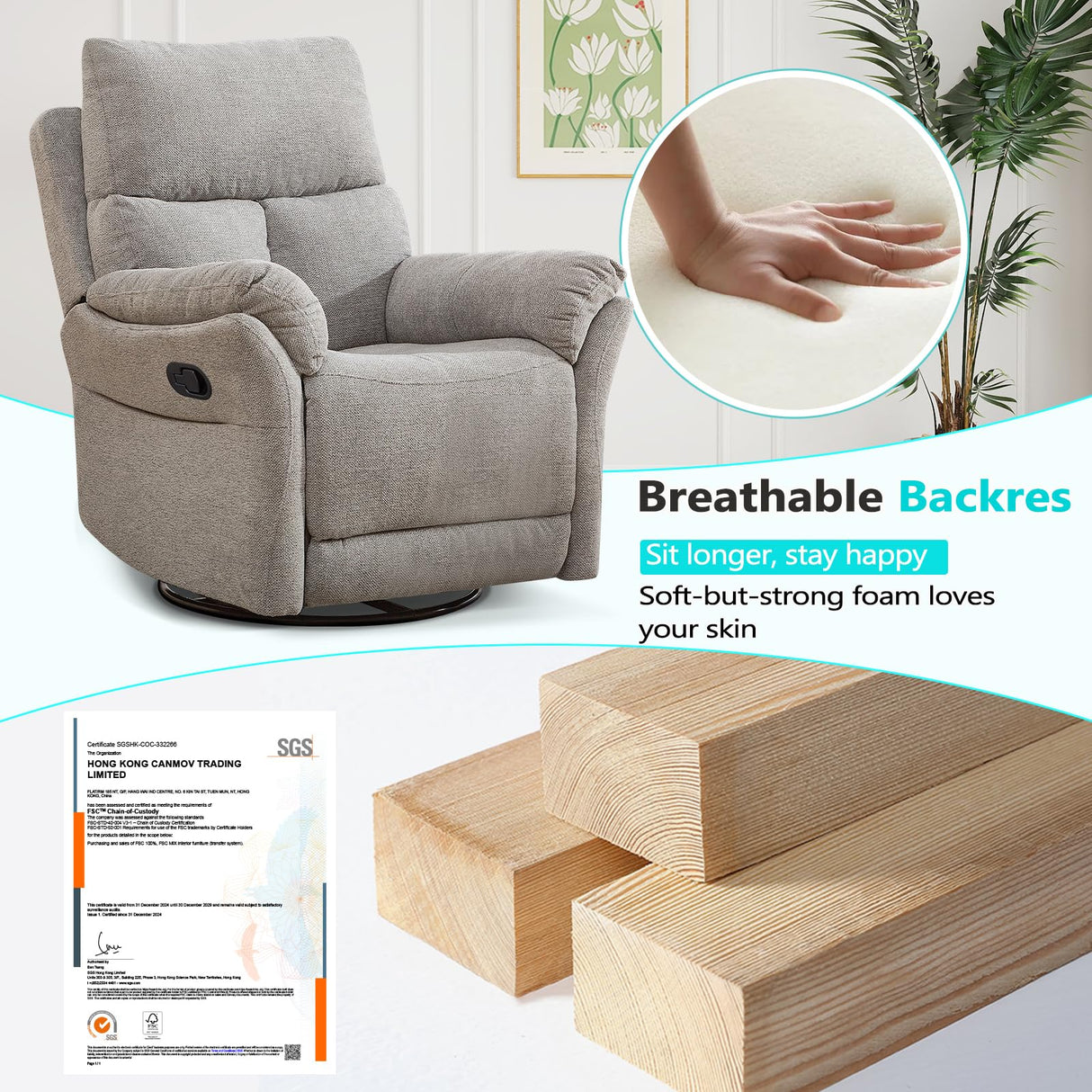 ANJ Manual Fabric Recliner Chair Set of 2, Swivel Rocker Glider, Silver ANJ