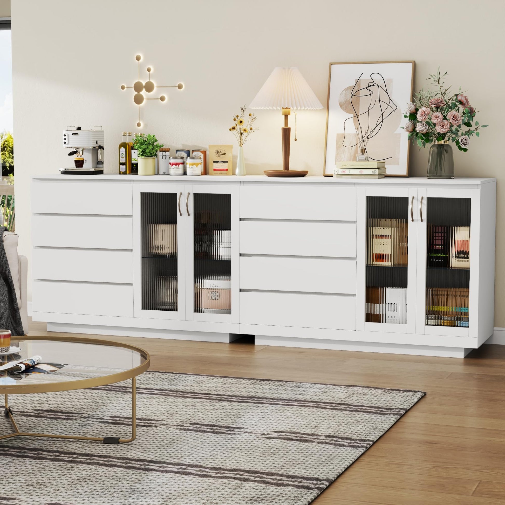 Auromie Sideboard Buffet Cabinet with 4 Drawers, Storage Cabinet with LED Light, Coffee Bar Cabinet with Adjustable Shelf, Modern Accent Cabinet with Door for Kitchen,Dining Room,Living Room  - WoodArtSupply