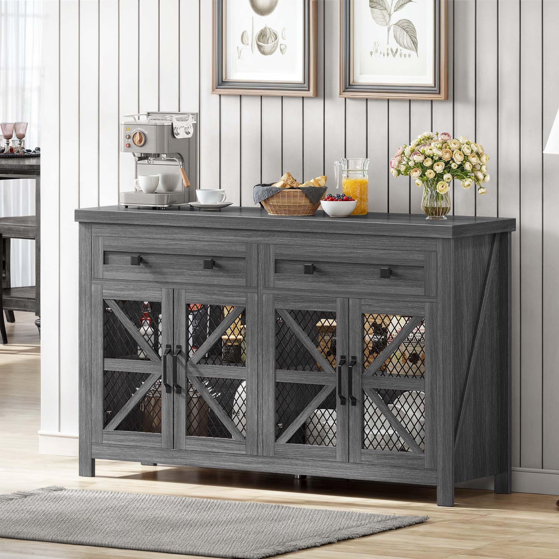 DWVO Farmhouse Buffet Cabinet with Storage, Wood Sideboard Storage Cabinet with 4 Doors & 2 Drawers, Bar Cabinet for Kitchen, Dining Room, Hallway, Dark Grey - WoodArtSupply