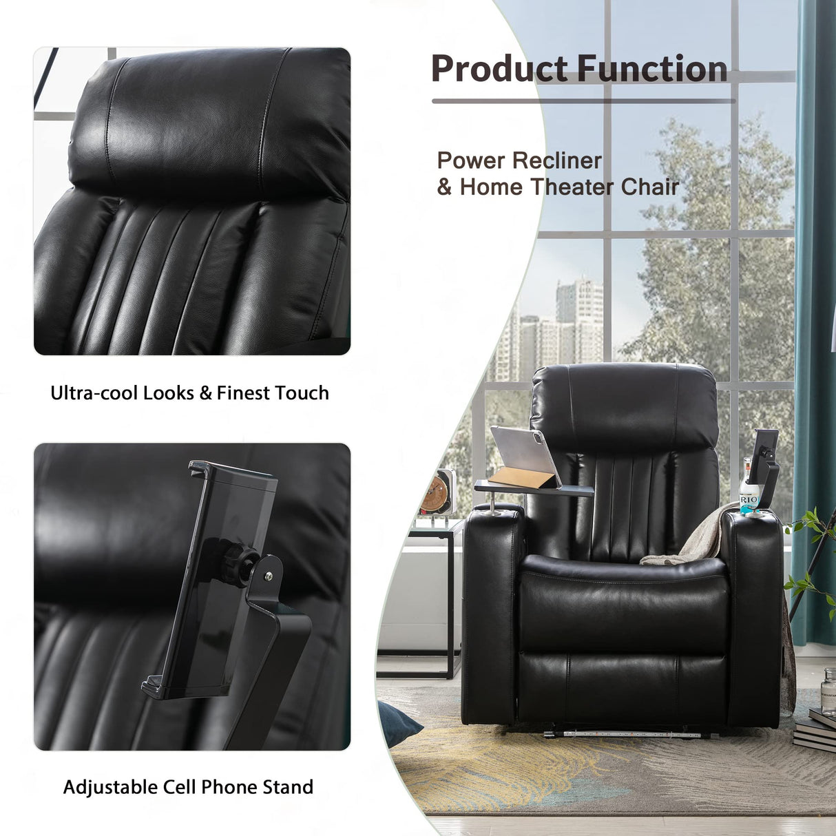 Electric Recliner Chair with USB Charge Port, 360 Swivel Tray Table, Hand in-Arm Storage,2 Cup Holders, Ambient Lighting and Metal Cell Phone Stand- Gaming Recliner Chair Home Theater Seating (Black) Merax