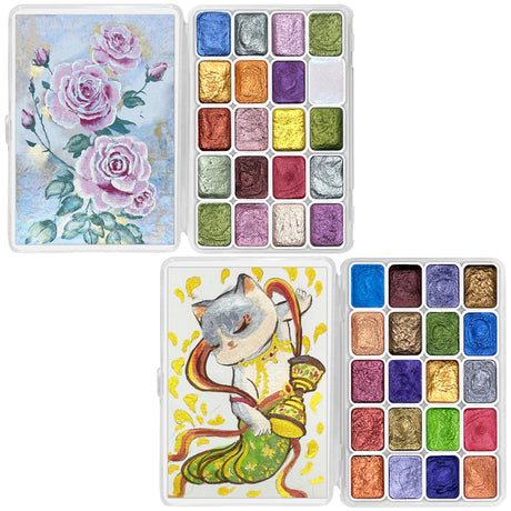 CraftyManor Mini Forestry Shifting Watercolor Painting Set, 40 Color Shifting Watercolor Paint Set, Shimmer Metallic Watercolor Paints Set, Glitter Watercolor Paint, Solid, Rococo & DunHuang Style CraftyManor