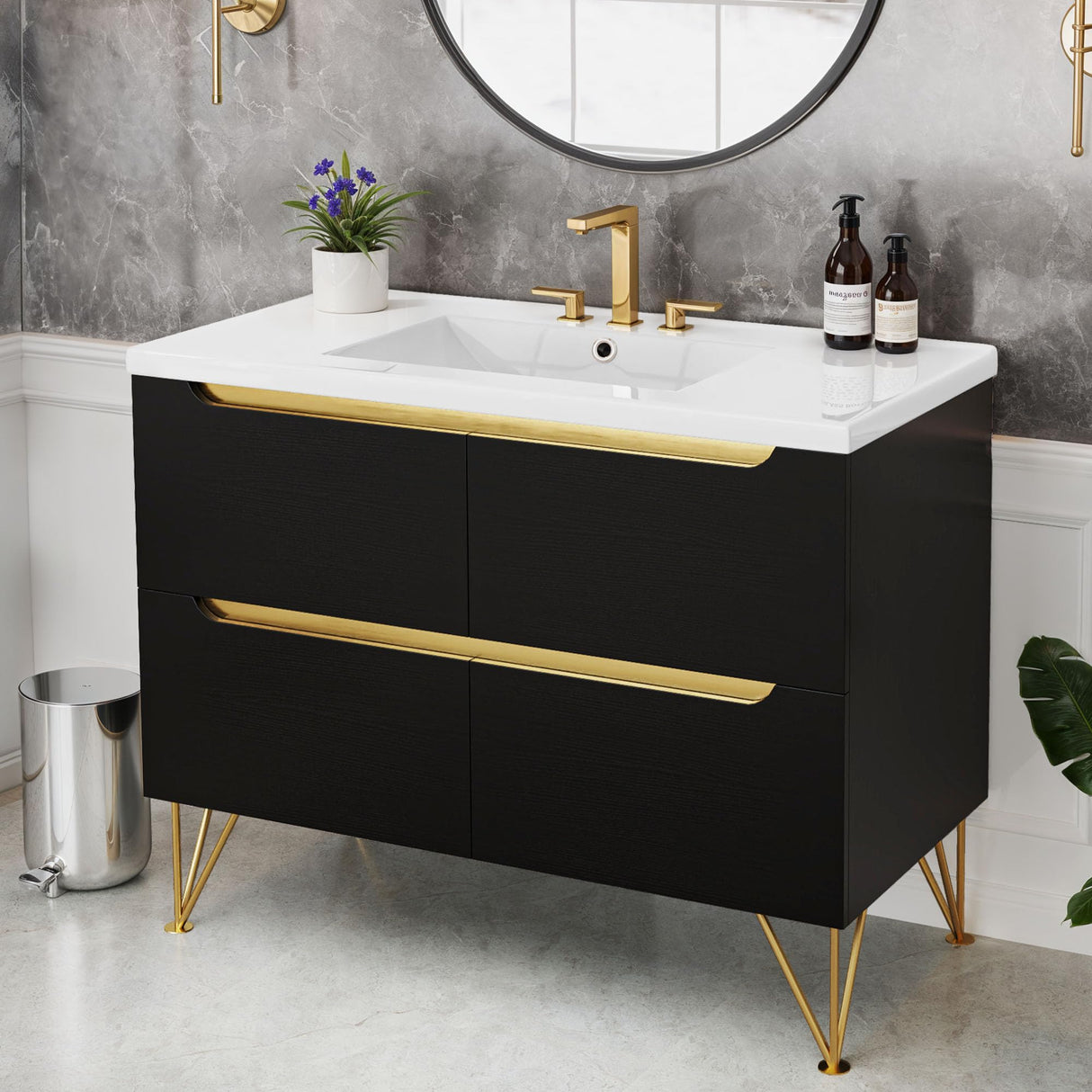 DWVO 40 Inch Freestanding Bathroom Vanity with Sink Combo, Modern Undermount Bathroom Storge Cabinet with 3 Holes Ceramic Basin, 4 Extra Large Drawers, Black DWVO