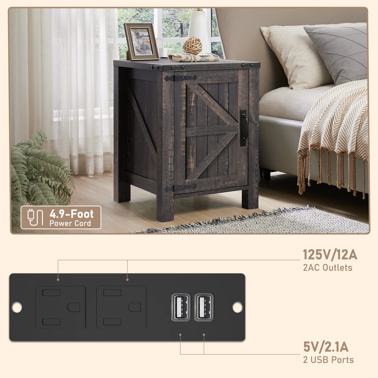 OKD Nightstand with Charging Station, 18 Inch Farmhouse End Table with Barn Door and Adjustable Storage Shelf, Rustic Wood Sofa Side Table w/Magnetic Door for Living Room, Bedroom, Dark Rustic Oak OKD