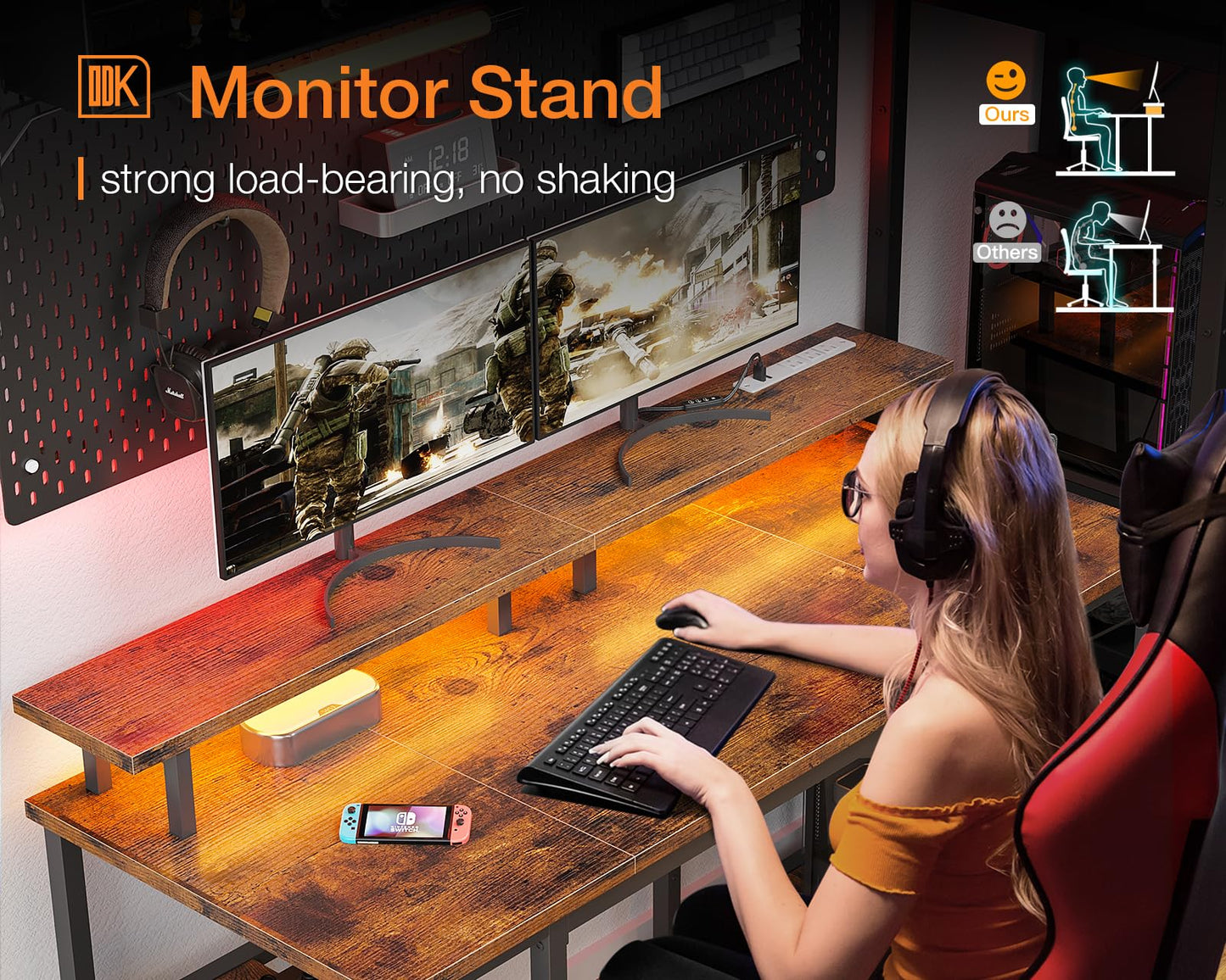 ODK 48 inch Gaming Desk with LED Lights & Power Outlets, Computer Desk with Monitor Stand & Storage Sheves, CPU Stand, Home Office Desk, Vintage - WoodArtSupply