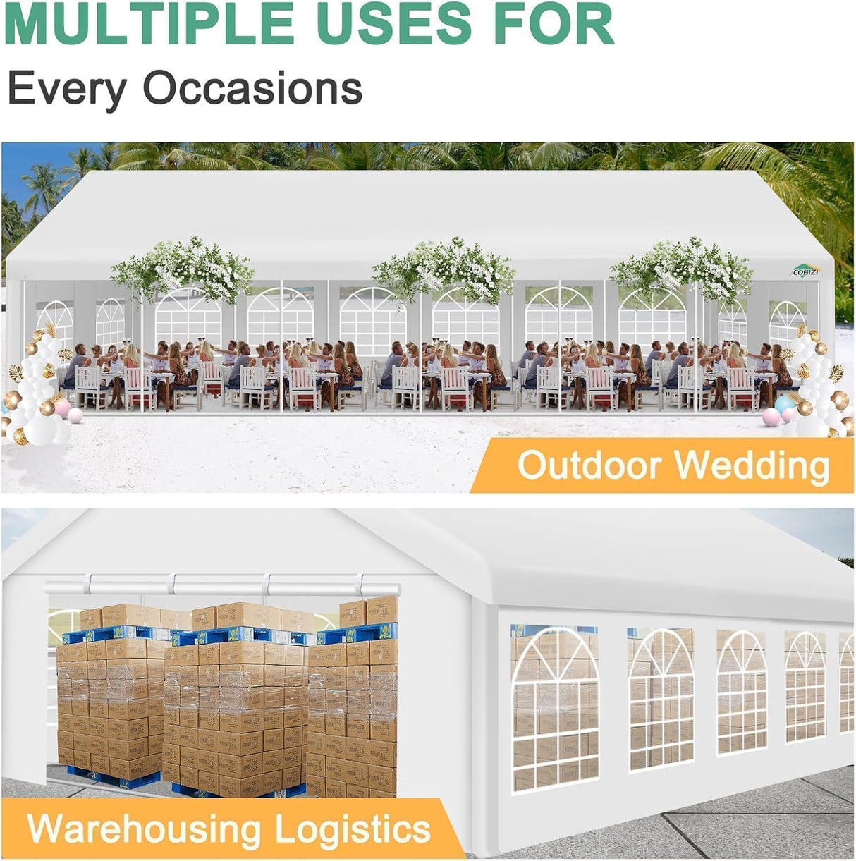COBIZI 20x40FT Party Tent Heavy Duty Outdoor Gazebo White Event Shelter Wedding Canopy Tent for Parties BBQ with Removable Sidewall Windows, Powder Coating (Better Than Galvanized) COBIZI