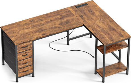 Huuger 55 Inch L Shaped Desk with Fabric Drawers, Reversible Computer Gaming Desk with Power Outlets and USB-C Port, Adjustable Side Storage Shelves, for Work Study Corner Home Office, Rustic Brown Huuger