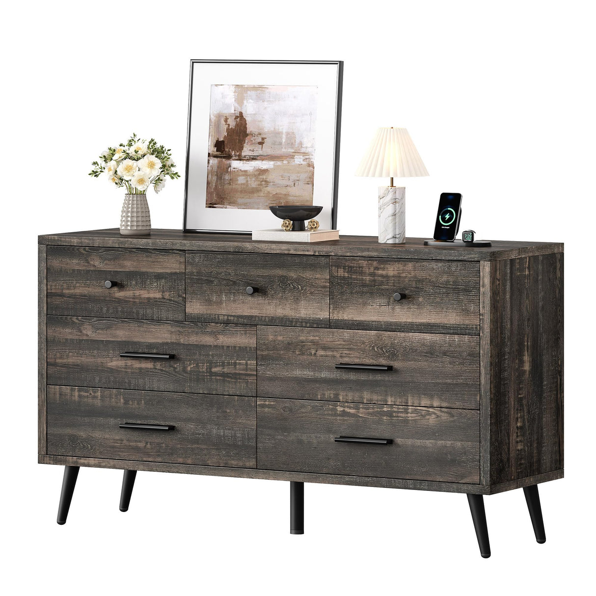 YITAHOME Dresser TV Stand for 55 Inch TV/7 Drawer Dresser Entertainment Center/Console Table with Black Metal Handles & Anti-Tipping Device for Living Room/Bedroom-Dark Rustic Oak YITAHOME