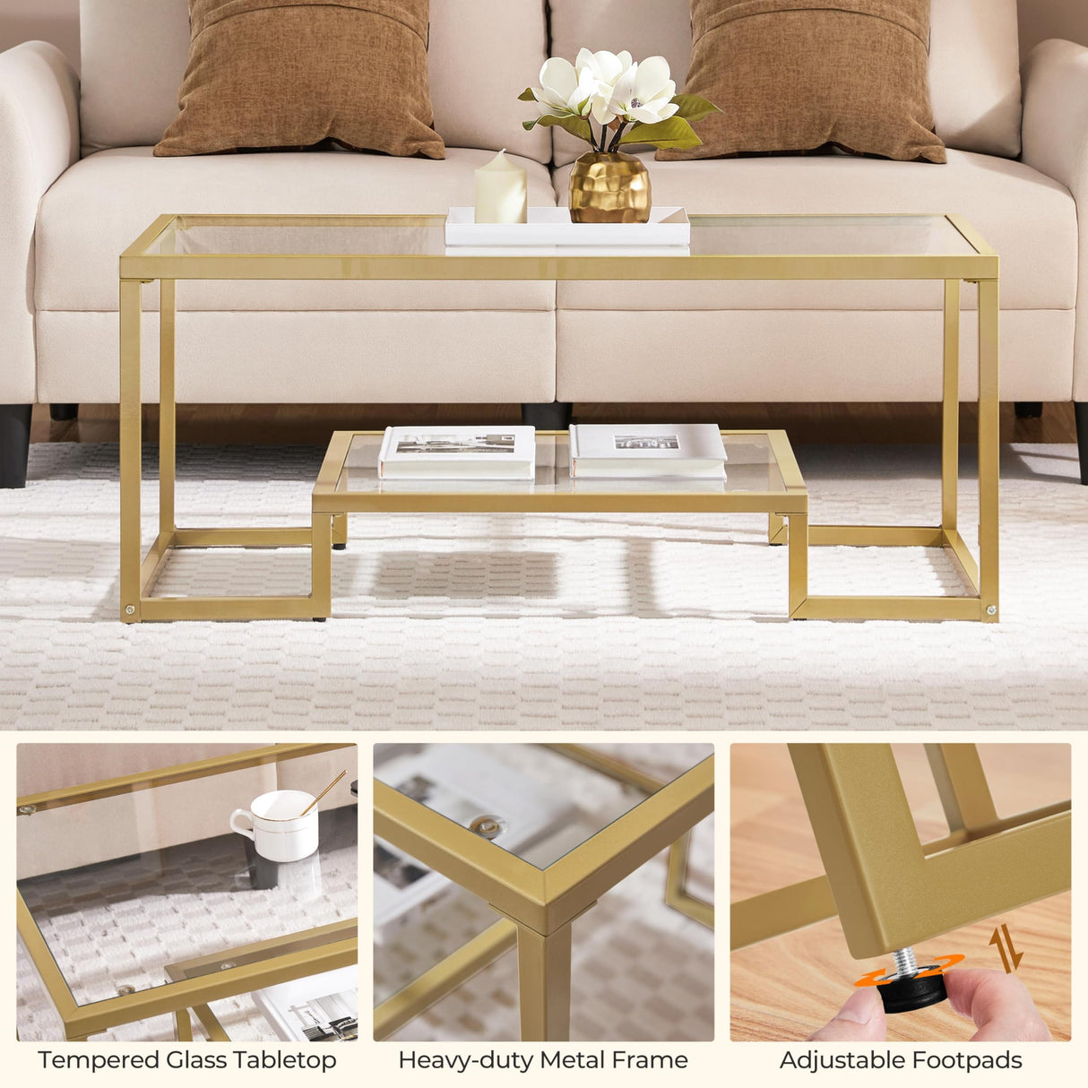 Yaheetech Gold Coffee Table, 42" Rectangular Glass Coffee Table for Living Room, 2-Tier Center Tea Tables with Metal Frame for Small Space, Apartment, Office Yaheetech