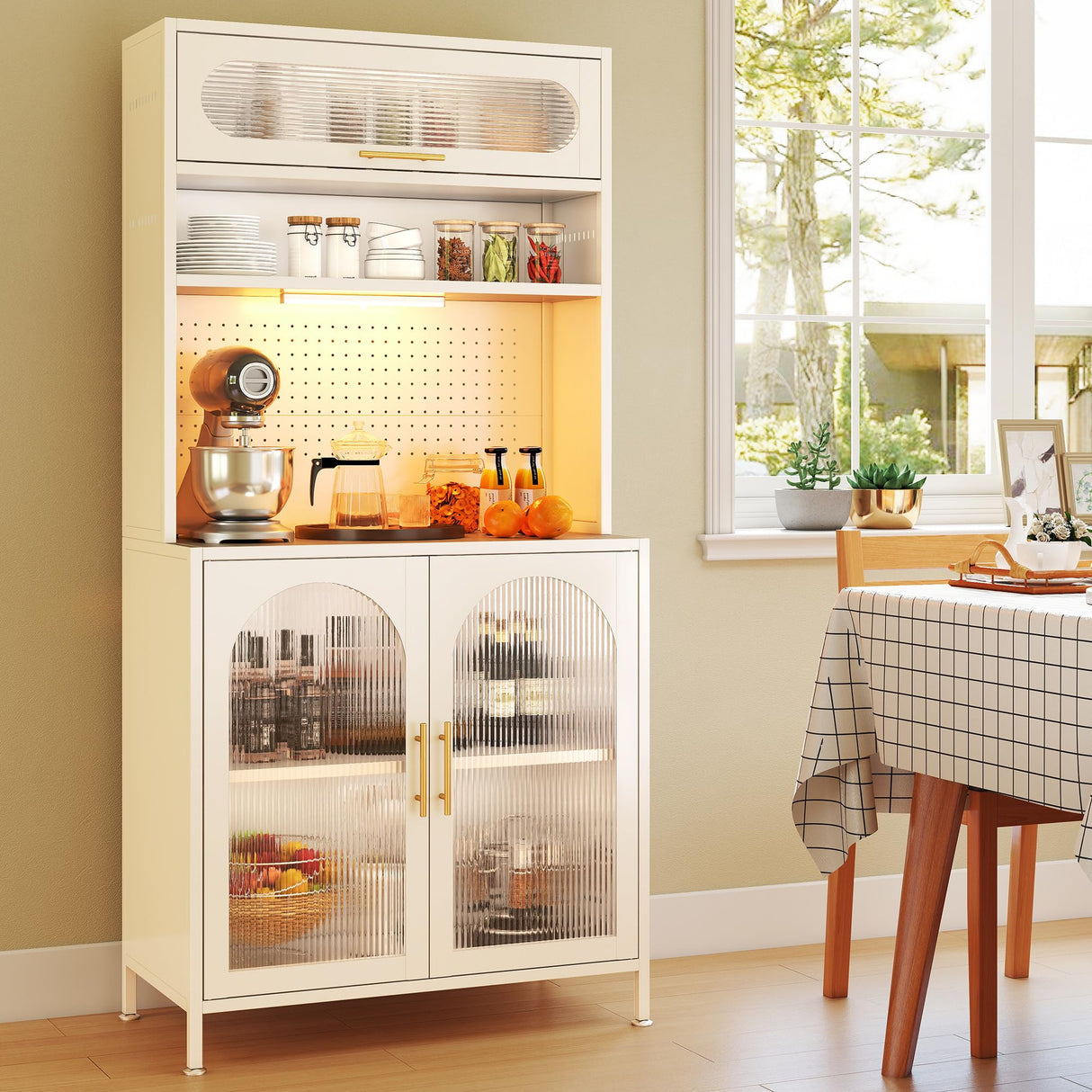 BECHEAO 66" Tall Kitchen Pantry Cabinet with LED Sensor Light, 5 Tier Metal Food Storage Cabinet with Adjustable Shelves, Hutch Cabinet Rack for Kitchen Living Dining Room, White BECHAEO