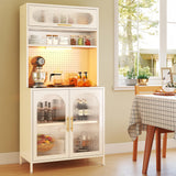 BECHEAO 66" Tall Kitchen Pantry Cabinet with LED Sensor Light, 5 Tier Metal Food Storage Cabinet with Adjustable Shelves, Hutch Cabinet Rack for Kitchen Living Dining Room, White BECHAEO