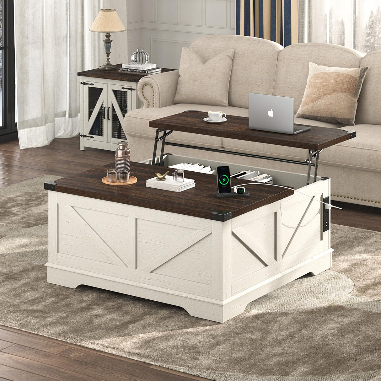 Hlivelood 40” Large Farmhouse Lift Top Coffee Table with Power Outlets and Large Hidden Storage, Square Wood Living Room Tables, Multi-Function Lift Wooden Barn Door Center Table, Rustic White Hlivelood