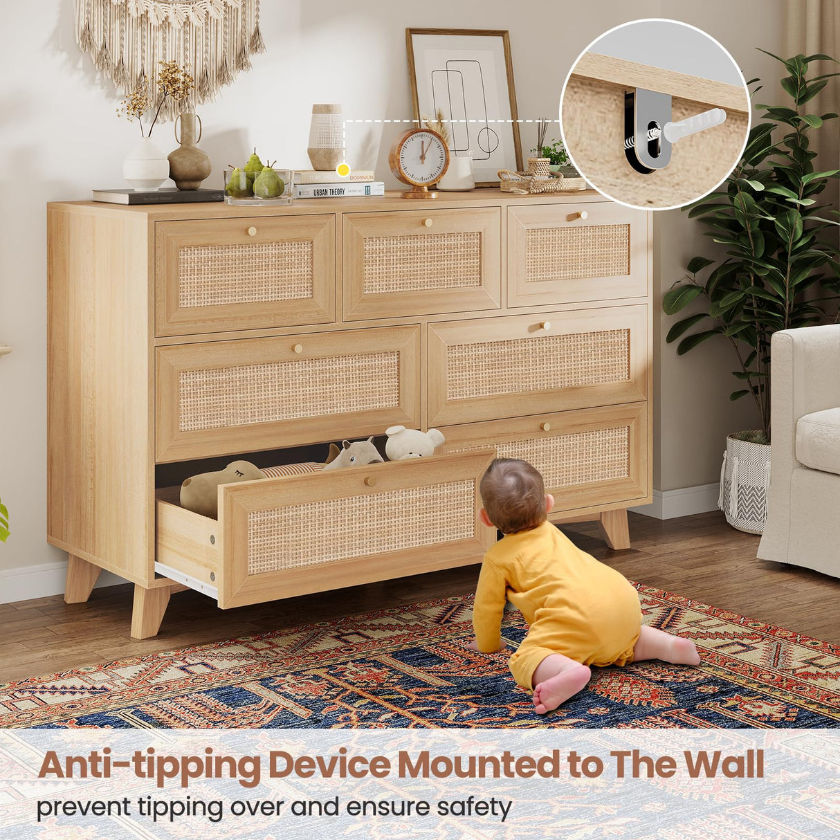 VIAGDO Rattan Dresser for Bedroom, 7 Drawer Dresser with Natural Rattan Drawers, Wooden Wide Cabinet with Gold Handles, Modern Closet Storage Chest of Drawers for Nursery Entryway Living Room VIAGDO