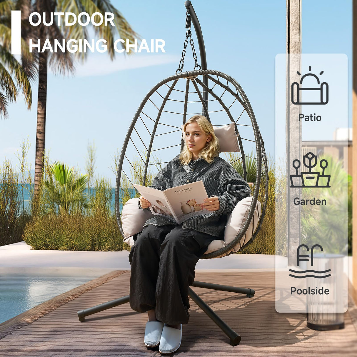 ONBRILL Hanging Egg Chair with Stand, Outdoor Indoor Egg Swing Chair with Cushion Headrest, Rattan Wicker Egg Chair with Dual Chains, 350LBS Capacity for Patio, Porch, Balcony, Bedroom (Khaki) ONBRILL