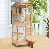 TITIMO 71" Catio Cat Enclosure Window, Large Outdoor/Indoor Cat House for Multiple Cats, Wooden Kitty Condo W/Waterproof Roof, Platforms, Resting Box, Scratching Post, Sisal Ball, Wheels (Burlywood) TITIMO