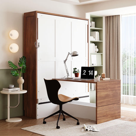 Full Size Murphy Bed with Foldable Desk Hidden Folding Wall Bed Frame Folding into Cabinet Design Wood Cabinet Platform Bed can be Folded into Desk for Small Space Bedroom Guest Room - Walnut & White MaiDeHaoo