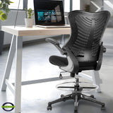 OfficeFactor Ergonomic Drafting Chair Tall Office Chair Standing Desk Chair Flip up Armrests Molded Foam Seat with Adjustable Footrest Ring Lumbar Support (Black MESH Fabric) OFFICE FACTOR