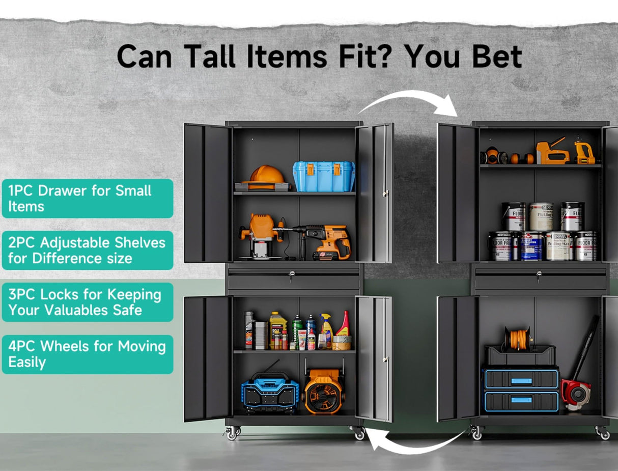 Metal Garage Storage Cabinet with Wheels and Drawer,73" Tall Black Rolling Garage Cabinet with Locking Doors and Adjustable Shelves,Mobile Metal Storage Cabinets on Wheels for Home,Office,Garages,Tool SISESOL