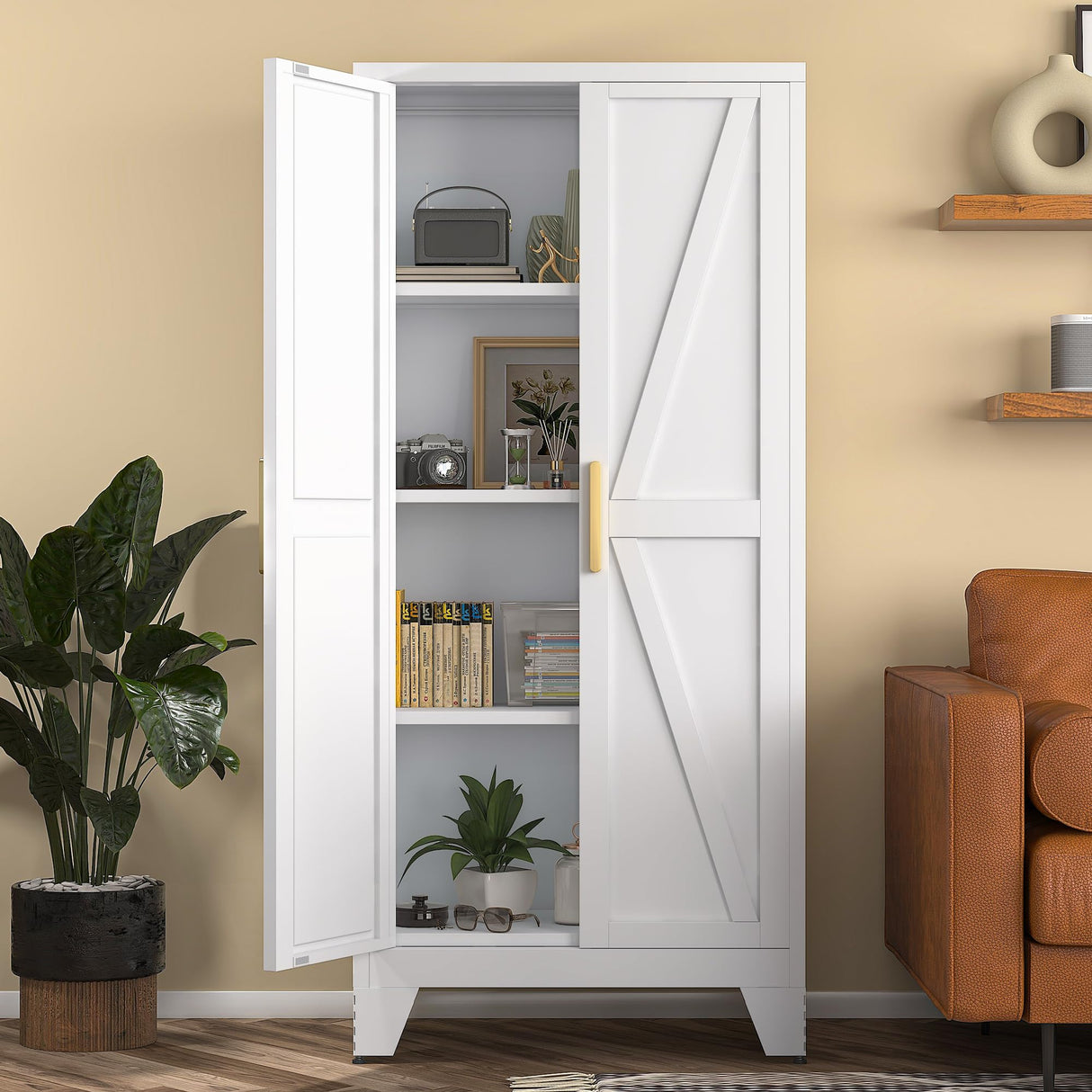 COFaR 4 Tier Metal Farmhouse Storage Cabinet with 2 Barn Door, 3 Adjustable Shelves and Legs, for Dining Room, Kitchen,Pantry,Bathroom, Living Room, Office (White, 61" Farmhouse) COFaR