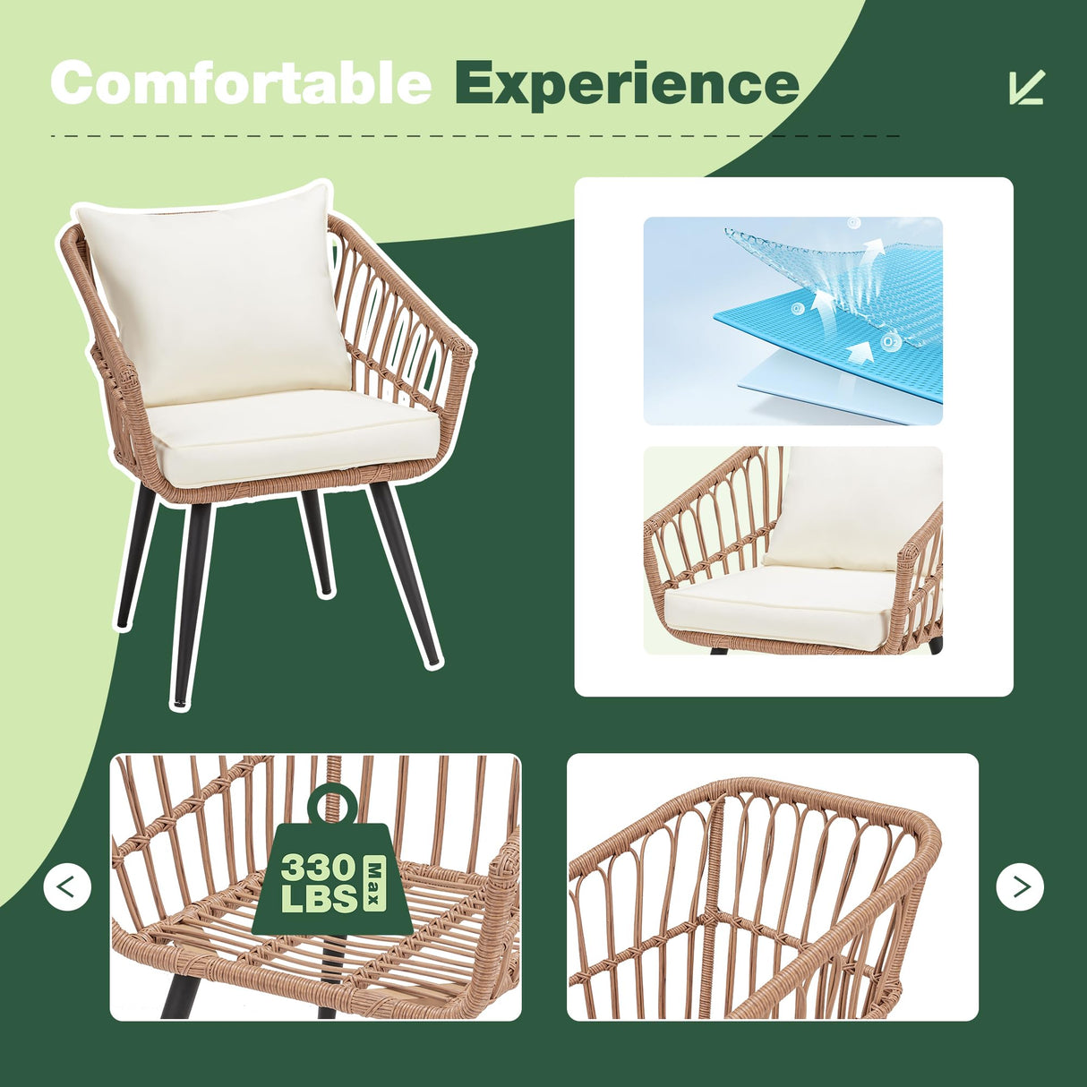 ECOTOUGE 3 Pieces Wicker Patio Bistro Set, Patio Rattan Dining Set with Glass Top Table and Cushions, Outdoor Conversation Furniture Set for Porch, Backyard and Garden (Beige) ECOTOUGE