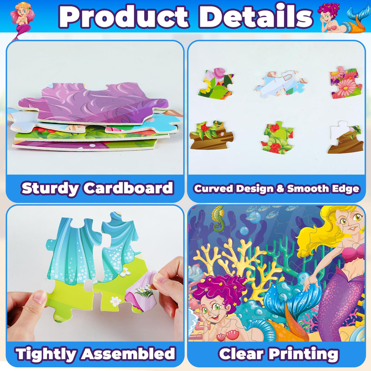 71Pcs Floor Puzzles for Kids Ages 3-5 Jigsaw Puzzles for Girls Princess Mermaid Double Sided Puzzle for Kids Castle Princess Xmas Party Supplies Mermaid Toys Educational Toys ZOIIWA