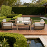 XTWEEX 6-Piece Outdoor Patio Furniture Set, Rocker Chairs and Sofa with Thick Cushions and Steel Frame and Wooden Board, PE Rattan Weaving Outdoor Conversation Set Brown/Light Gray Linen XTWEEX