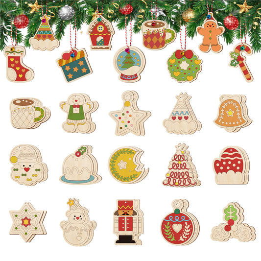 60 Pcs Wooden Christmas Ornaments, 30 Styles DIY Unfinished Wood Crafts, Predrilled Natural Wood Slices Christmas Ornament Kit with Strings Colored Bells and Pens for Kids Xmas Tree Hanging Decoration