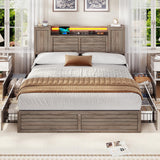 VIAGDO Farmhouse Full Size Bed Frame with Headboard and Double Barn Door Storage Cabinets, Rustic Wooden Bed Frame Full with Charging Station, 4 Drawers and LED Lights, No Box Spring Needed, Grey VIAGDO