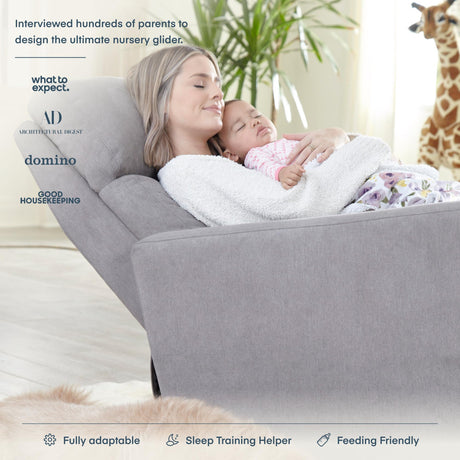 Nurture& The Glider Premium Power Recliner Nursery Glider Chair with Adjustable Head Support | Designed with a Thoughtful Combination of Function and Comfort | Built-in USB Charger (Gray) Nurture&
