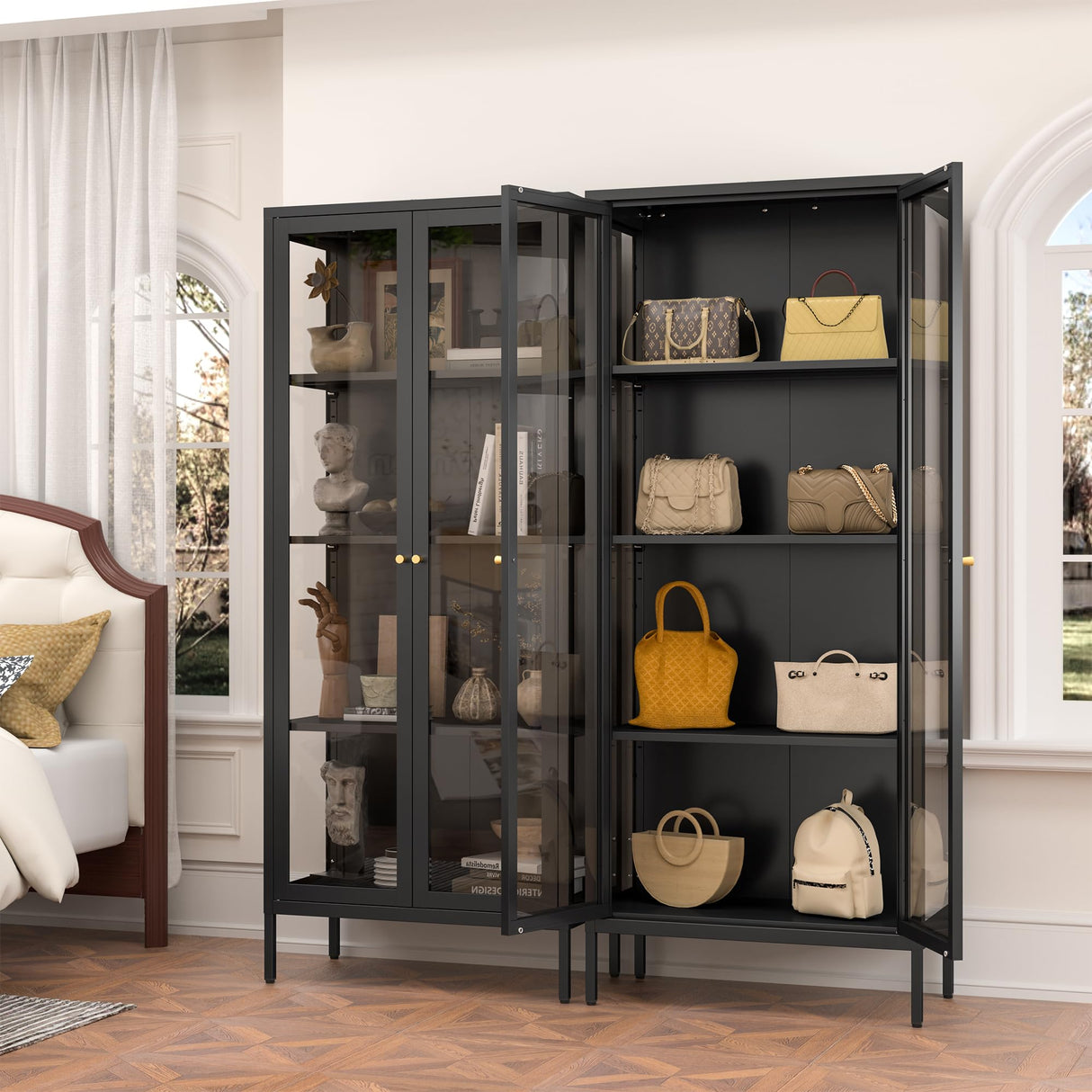 Polup Display Cabinet with 3 Side Tempered Glass, 66" Tall Curio Cabinet with Doors, Black Display Case for Collectibles, Figures, Metal Storage Cabinet for Living Room, Home Office, Assemble Required Polup