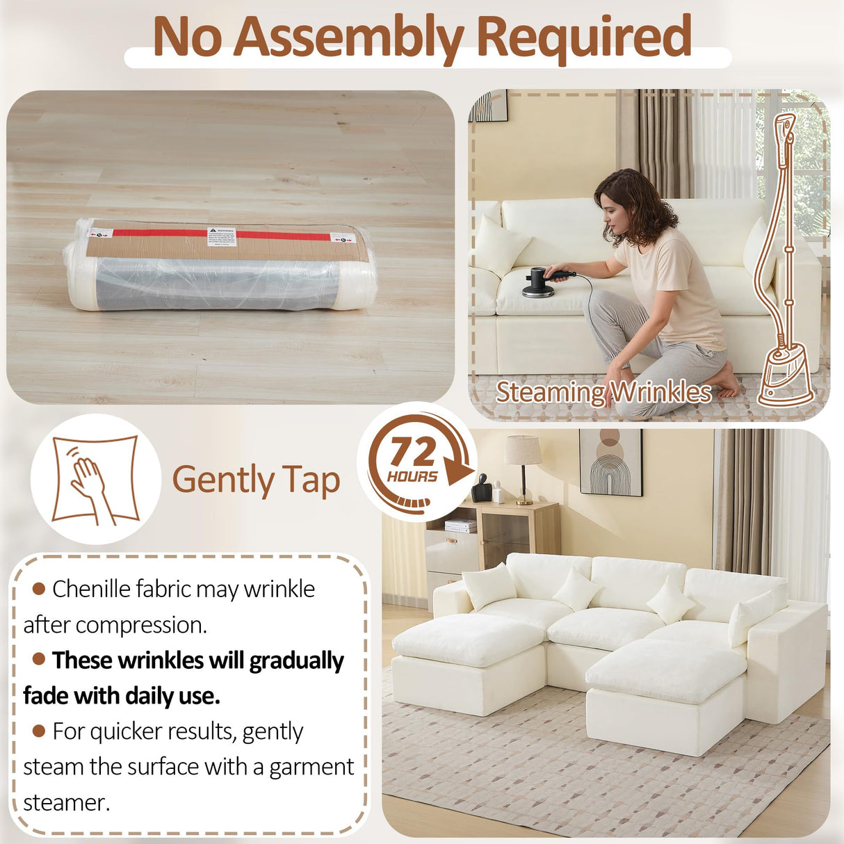 115'' Cloud Boneless Sectional Couch, Modular Sectional Sofa Deep Seat with 2 Ottomans, Oversized Upholstered Convertible Comfy 5 Seater Chenille Sofa U Shape Couches for Living Room, Beige WUTUTUEE