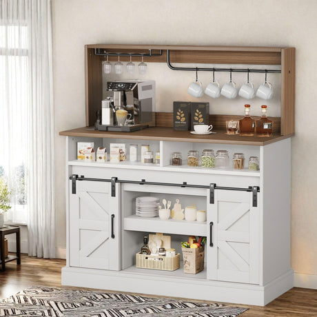 YITAHOME Buffet Cabinets with Storage, 47" Coffee Bar with Goblet Holder & Power Outlet, Farmhouse Sideboard Cabinets with Sliding Barn Doors for Kitchen, Living Room (White) YITAHOME