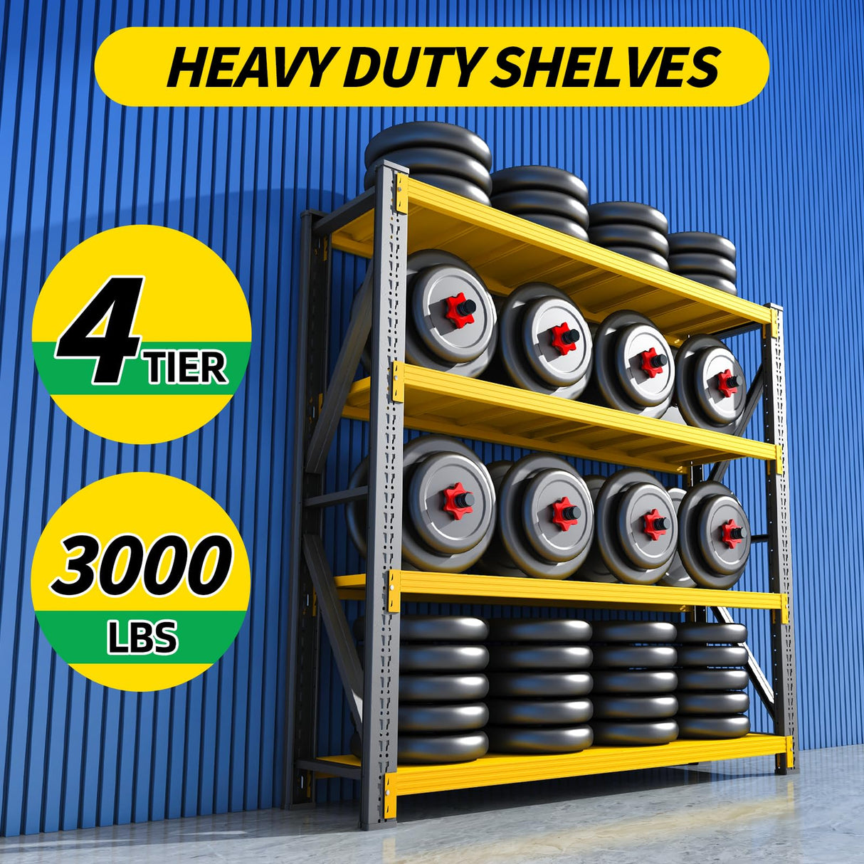 Qxdyt 3000LBS Heavy Duty Storage Shelves,78''H Metal Garage Shelving, 4-Tier Adjustable Garage Organization Shelving Units, Industrial Shelving for Warehouse,Workshop- Black & Yellow Qxdyt