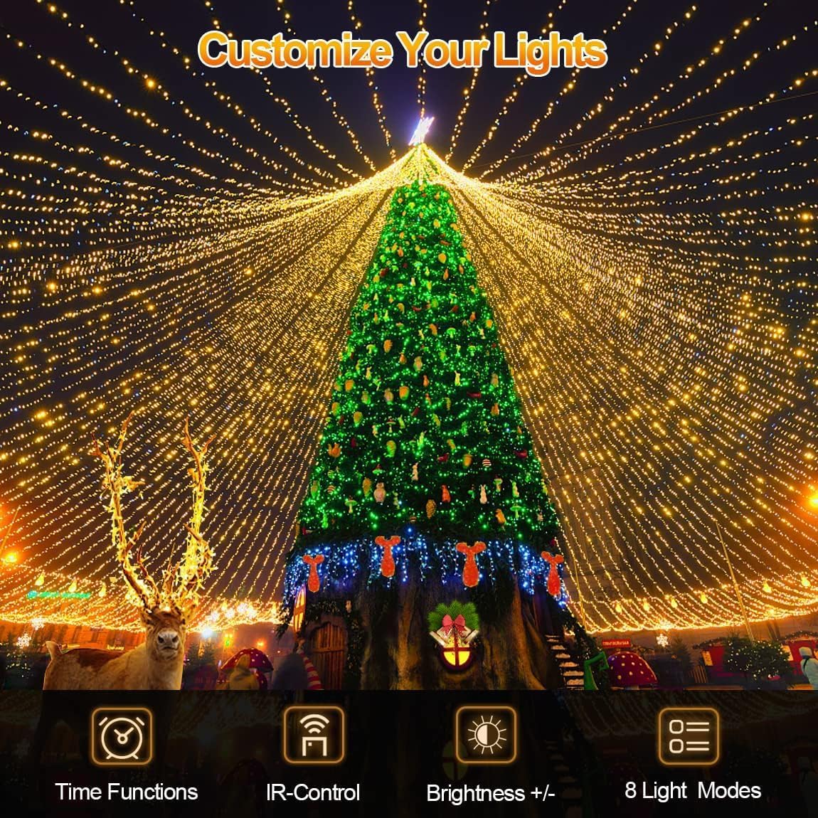 200 FT 500 LED Christmas Lights Outdoor Decorations Super Long Fairy Lights Waterproof 8 Modes Timer Clear Wire String Lights for Outside House Tree Patio Yard Wedding Party Holiday-Warm White JXLEDAYY