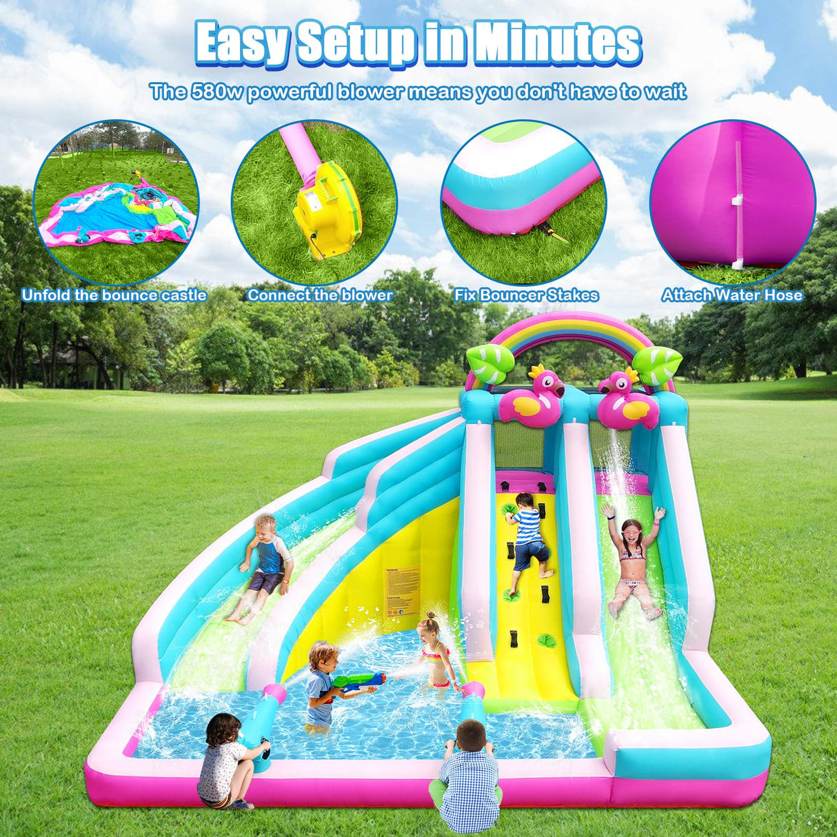 Inflatable Water Slide, 6 in 1 Blow Up Water Park Aged 3-12, Flamingo Style Water Bounce House with Double Long Slides, Splash Pool, 580W Blower Waterslide for Kids and Adults Backyard HEMOPOW