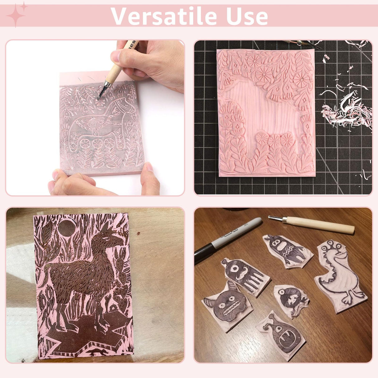 DIRBUY 10 Pack Rubber Stamp Making Kit - Block Printing Kit，Linoleum Carving Tools with 8 Type Blades, 8 Pcs Pink Rubber Carving Block and Rubber Brayer Roller DIRBUY