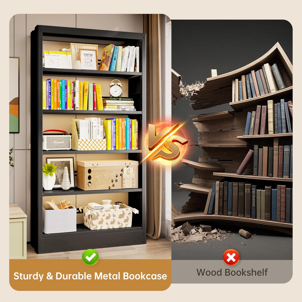 Jazipic 5-Tier Bookcase with Adjustable Storage Shelves, Heavy Duty Bookcase, Metal Bookshelf with Book Stopper, Black Bookcase Shelf for Library, Office, Living Room Jazipic